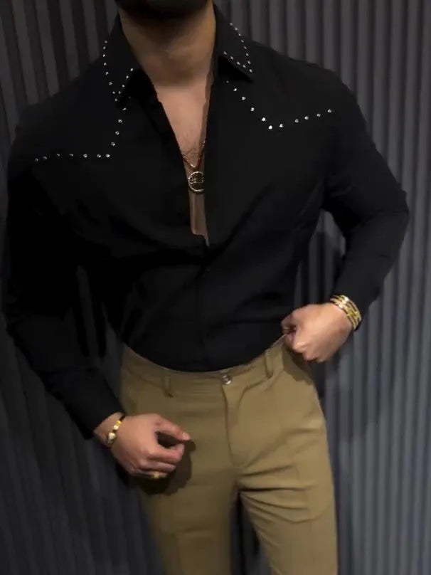 Black polyester button-down collar shirt with regular fit, front view, on plain background.