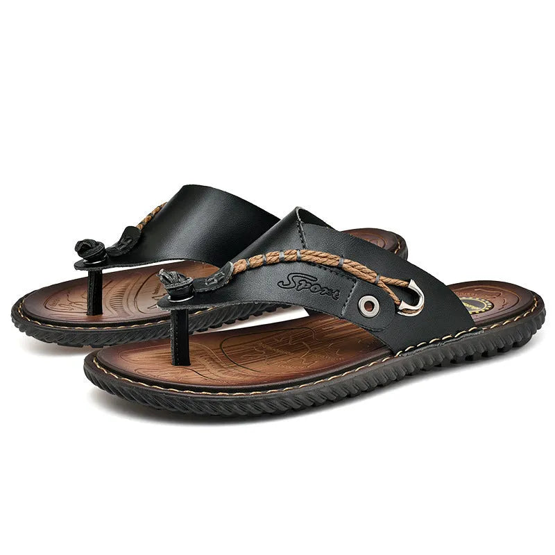 Men's non-slip casual slippers in black with PU leather upper and wear-resistant sole