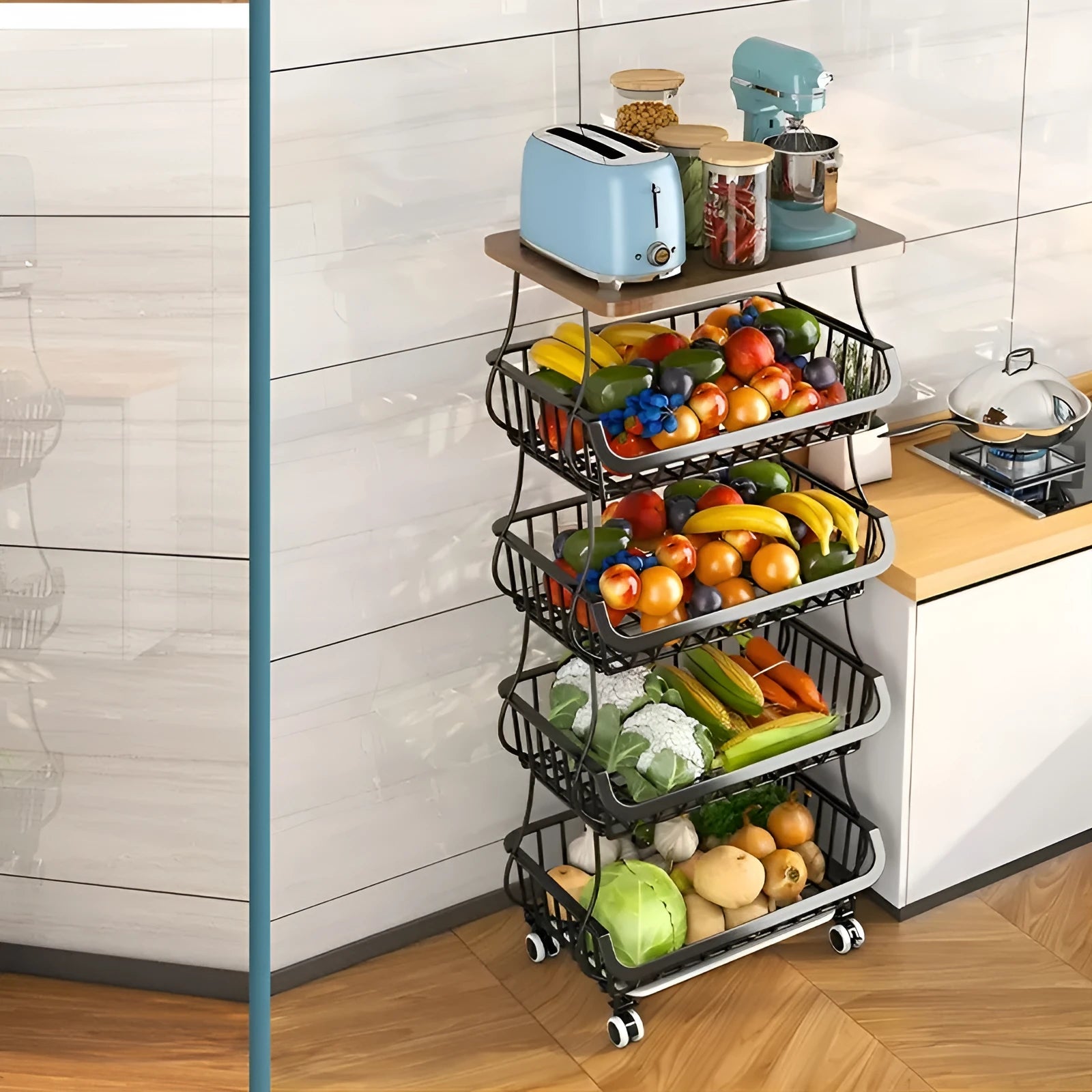 Black six layer kitchen storage trolley with foldable carbon steel frame