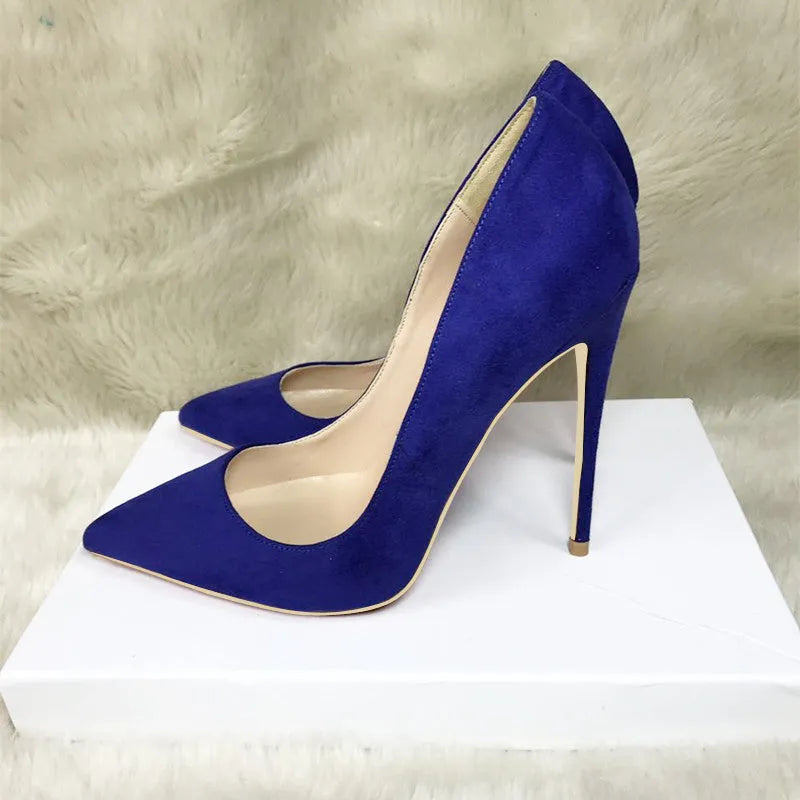 Blue suede stiletto heels pointed toe shallow mouth super high heel women's shoes side view