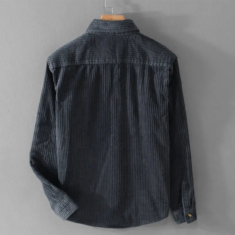 Men's cotton corduroy long sleeve shirt with lapel collar, button front and chest pocket in khaki, green or grey blue