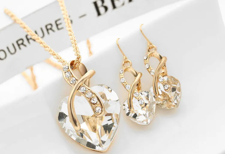 Heart shaped faux Austrian crystal zircon earrings with water wave chain, alloy pendant, available in red, green, blue, white