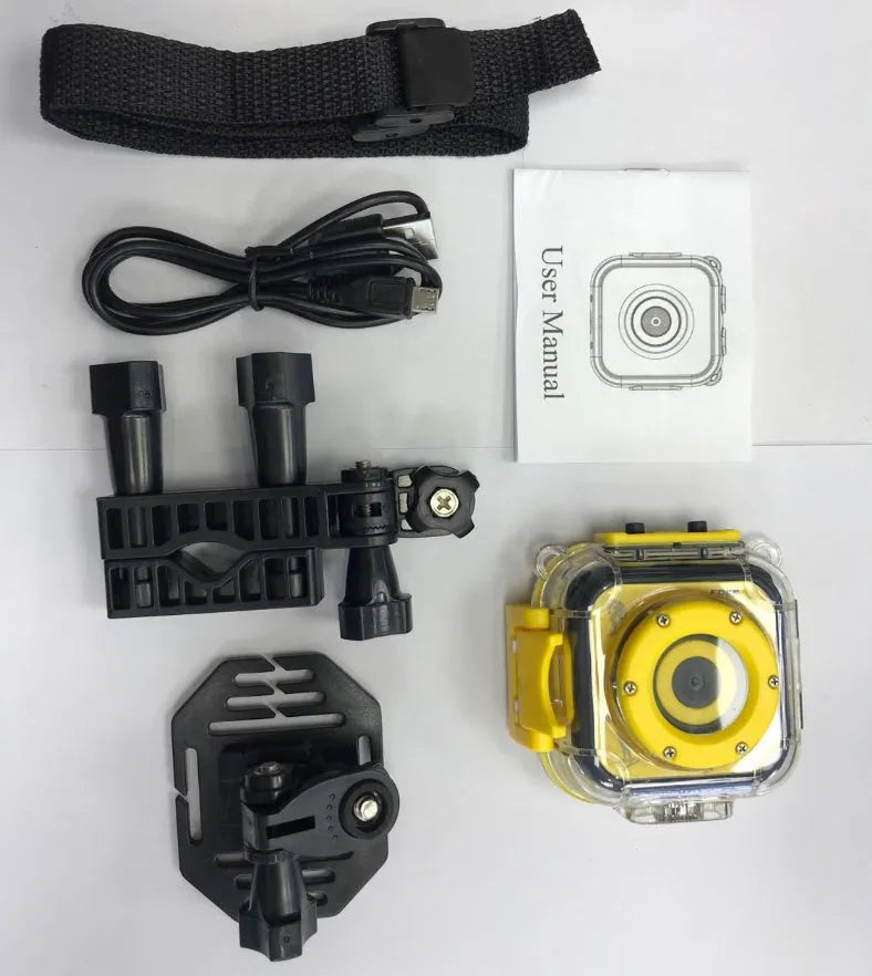 Yellow children's waterproof sports camera with compact design showing dimensions and LCD screen