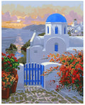 DIY digital oil painting kit with sea view villa canvas, acrylic paints, and brushes on 40x50 cm linen