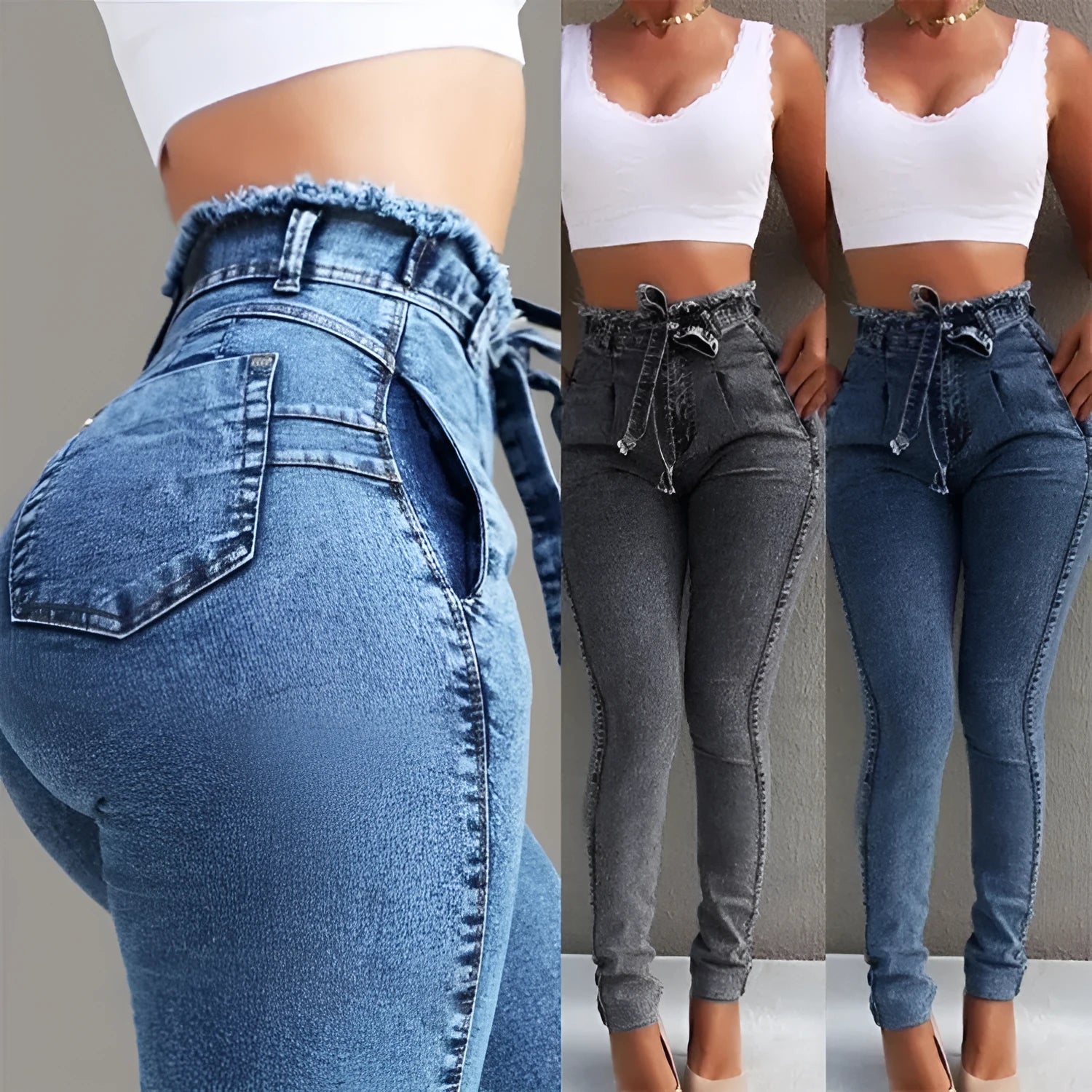 Pair of light blue fringed jeans with distressed hem detailing on a denim background.