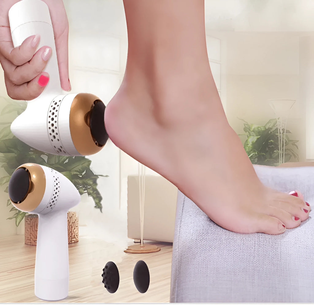 Electric foot grinder with refined quartz grinding head in gold, silver, and pink finish options.