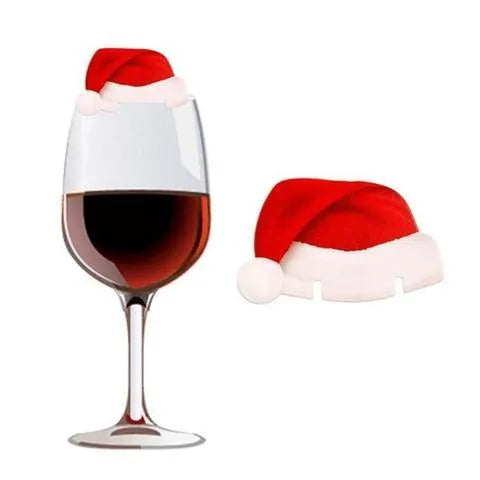10 red paper Santa hat wine glass toppers on a Christmas table