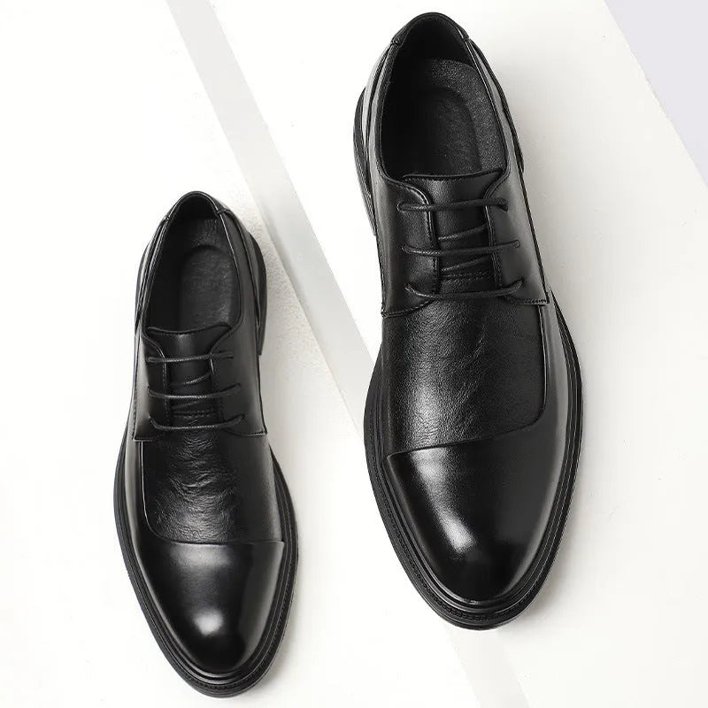 Men's pointed British dress shoes with rubber sole, black and brown options, sizes 38 to 44