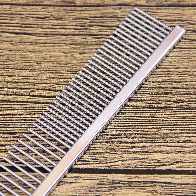 Gold dual-density pet grooming comb with stainless steel needles, 16.5cm total length
