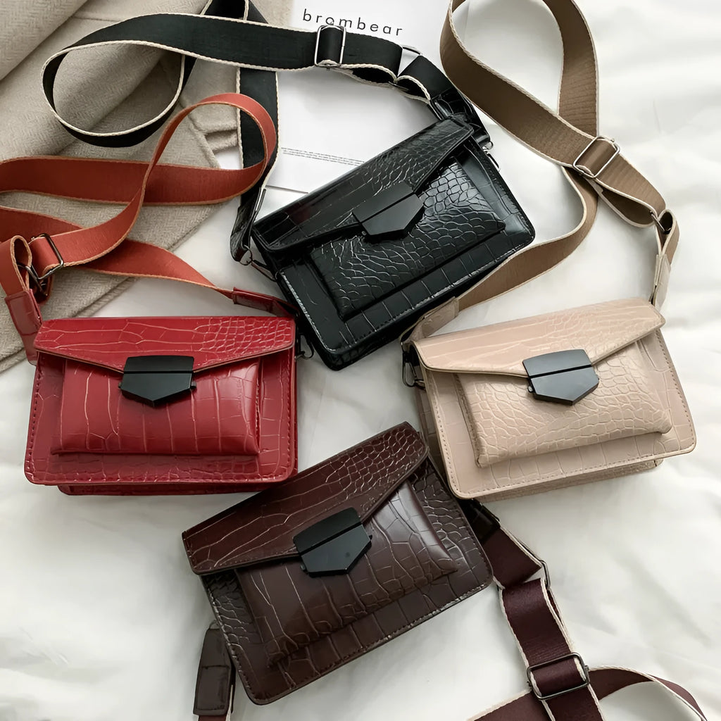 PU crossbody bag in four colours showing 20cm width and 14cm height