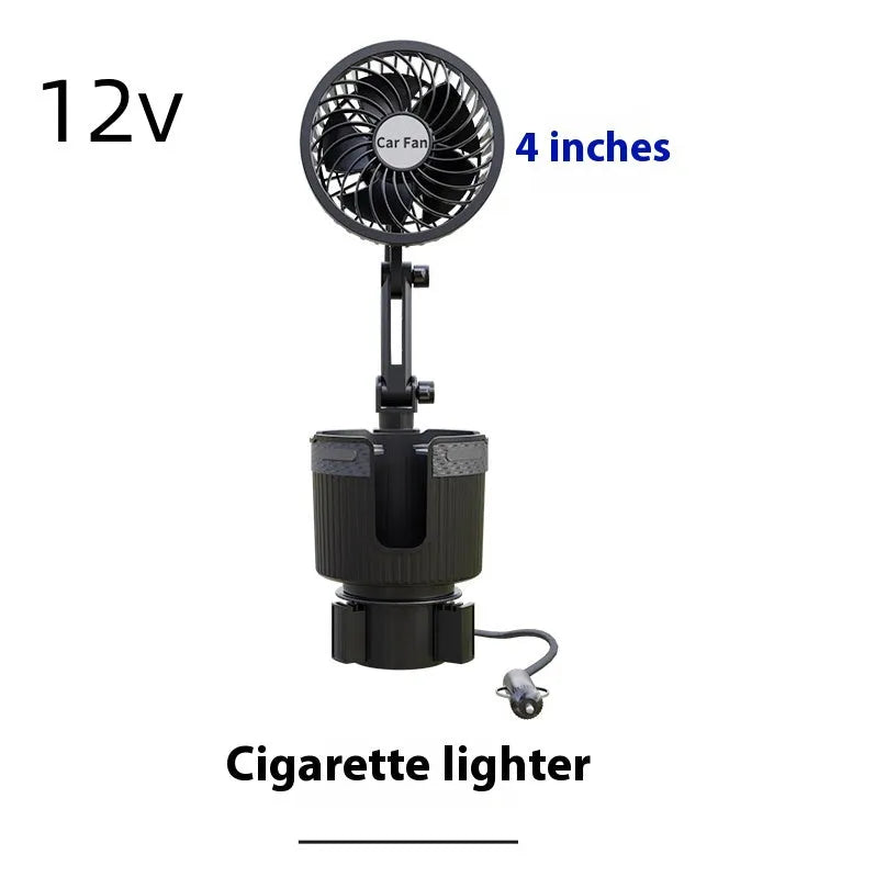 Car water cup holder fan in ABS plastic available in 4-inch and 6-inch sizes with multiple power connection options.