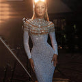 Women's long sleeve high waist sequin dress in silver solid colour polyester full-length silhouette