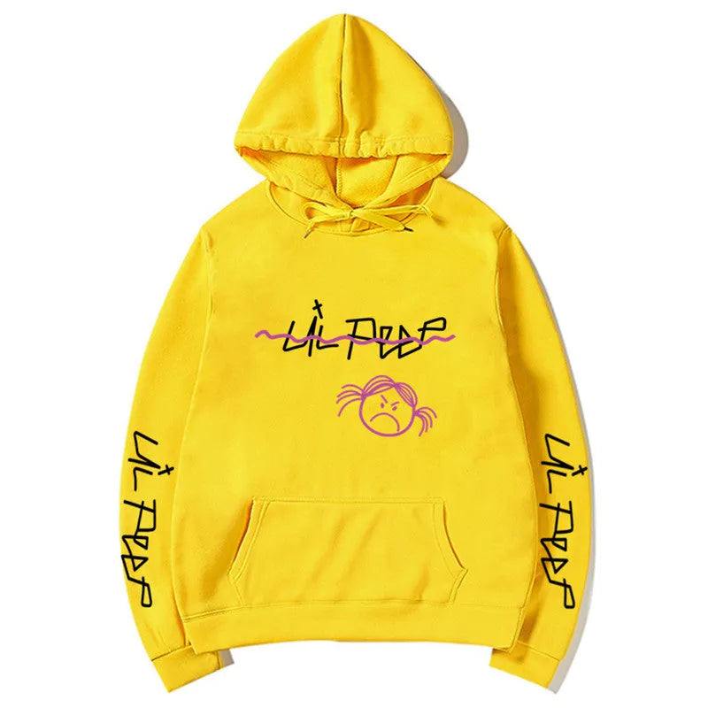 Lil Peep hoodie in beige with white word printing and three-dimensional patch pocket, plus-velvet lining inside