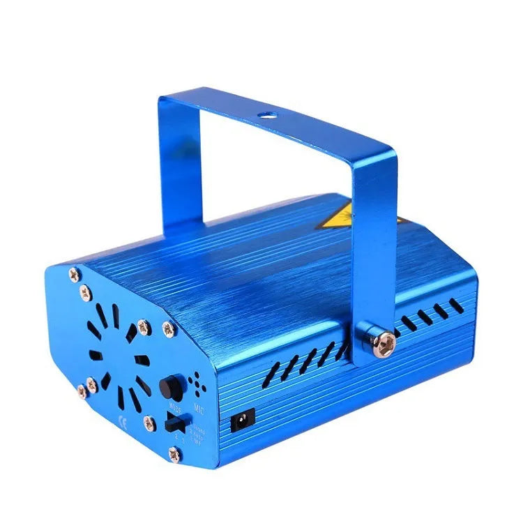 Mini laser projector in black with red and green laser beams, 100m distance, for party and event lighting