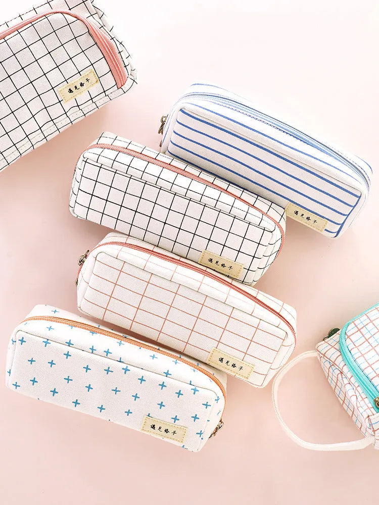 Square canvas pencil case with striped pattern, Korean style, in one of 15 colours