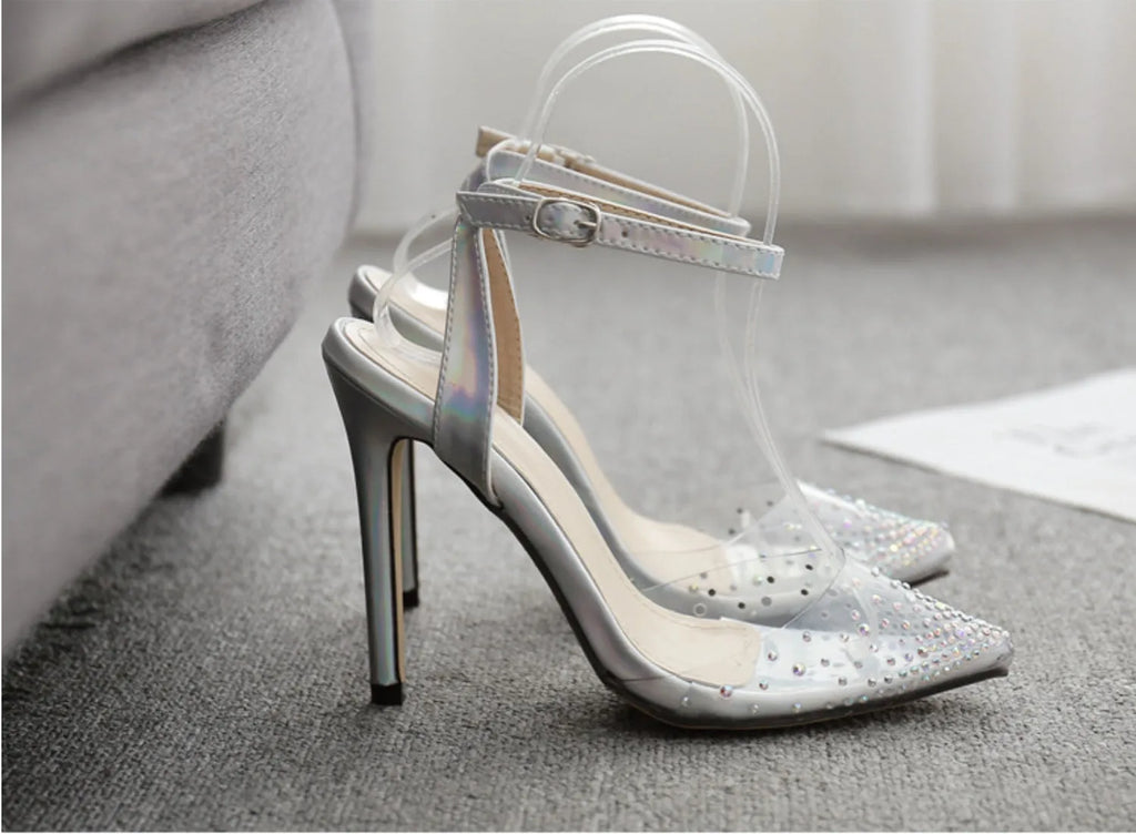 Women's pointed toe stiletto sandals with diamond details on a PVC upper, showcasing a 9cm heel.