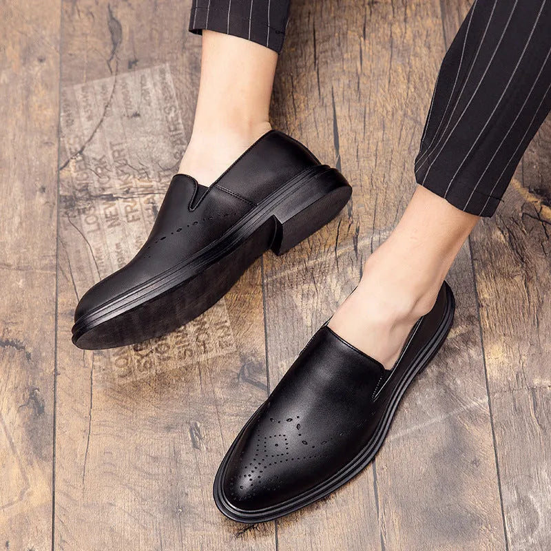Big size men's slip-on loafers with pointed toe, black artificial PU upper and PU sole side view