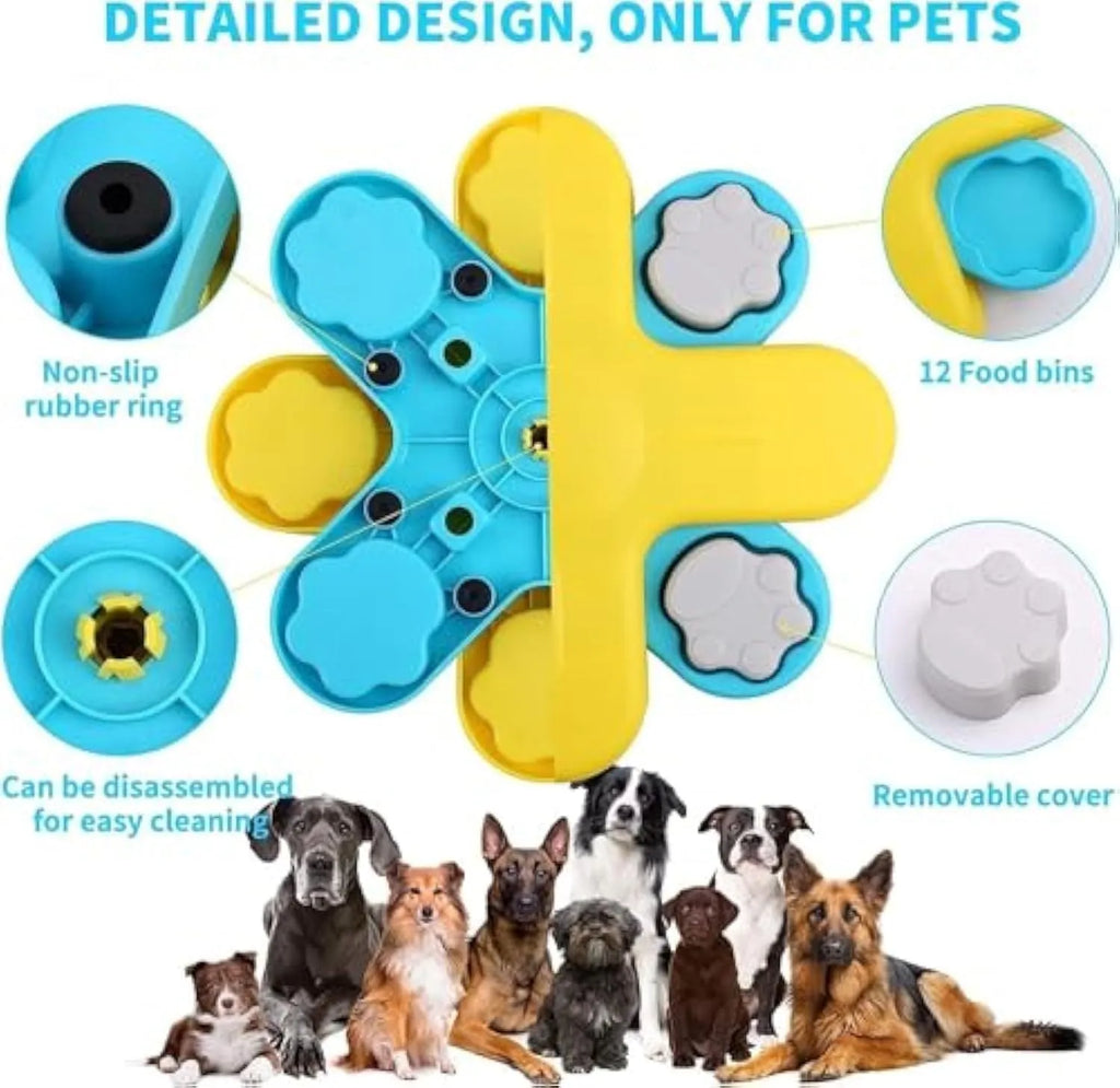 Yellow three-layer rotating dog puzzle feeder toy with anti-slip rubber pads on base