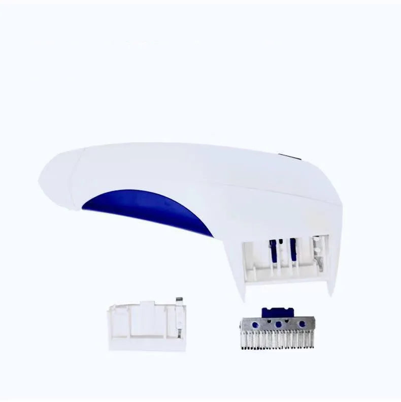 White electric pet lice remover comb with replaceable battery and cutter head, 17.5x9cm