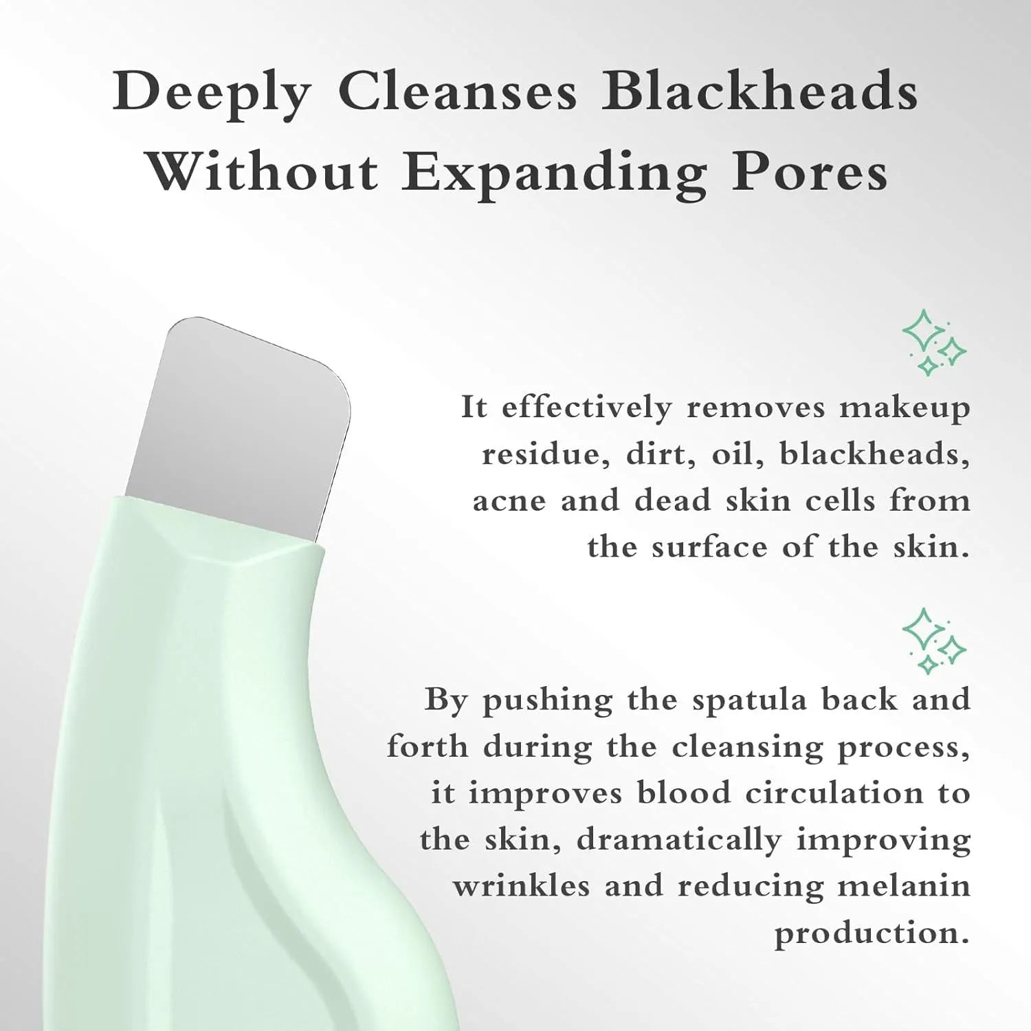 Stainless steel blackhead scraper tool with a non-slip handle on a green background.