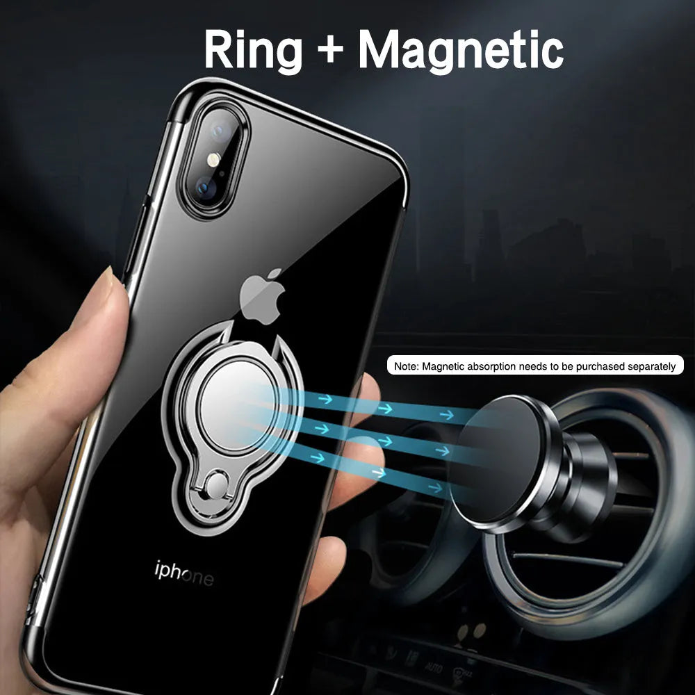 Black magnetic ring phone case for iPhone XR with protective shell, ports accessible