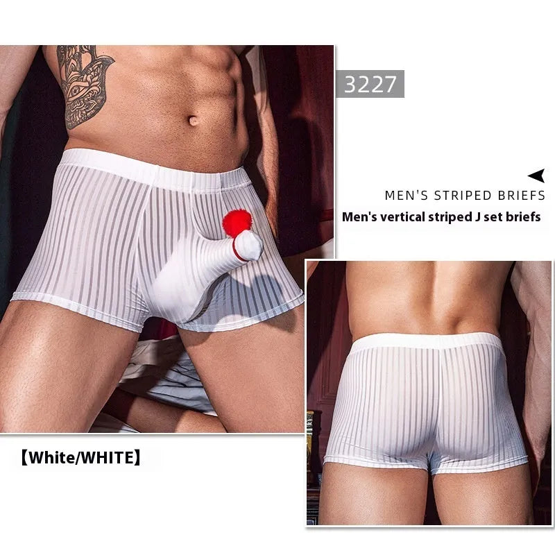 Men's black striped nylon boxer briefs on a white background.