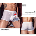 Men's black striped nylon boxer briefs laid flat, showing high elastic material and vertical stripe pattern.