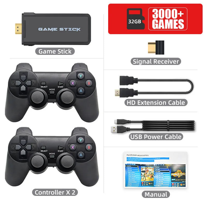 Y2HDMAX 2.4G wireless game console with two controllers and built-in TF card showing game selection screen