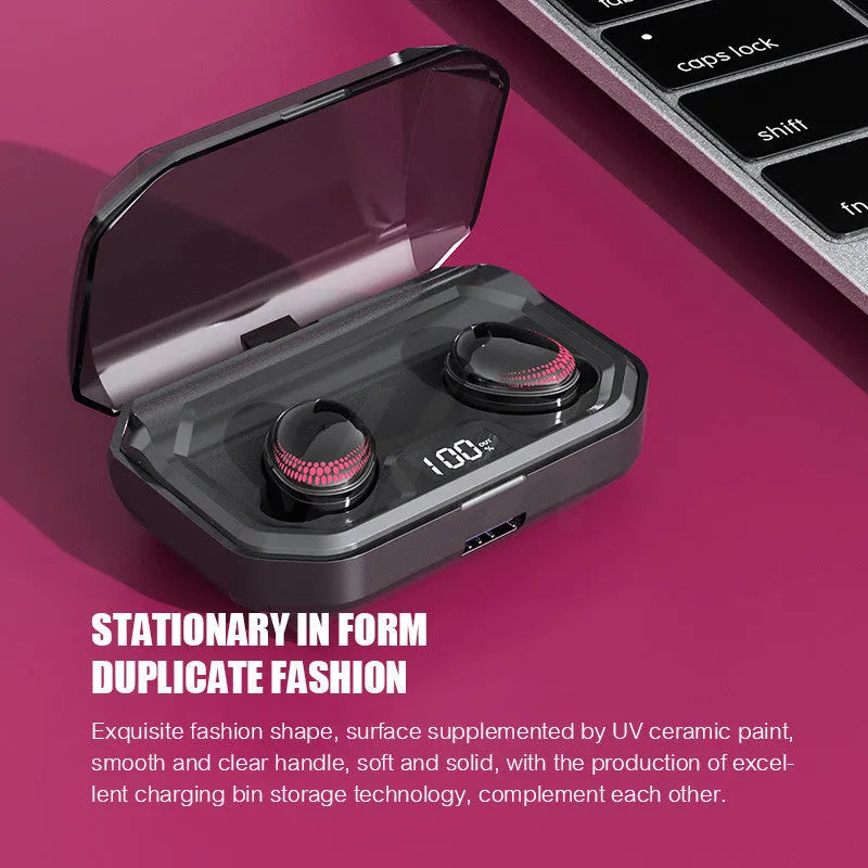 Black X10 true wireless Bluetooth earbuds and charging case on a surface.