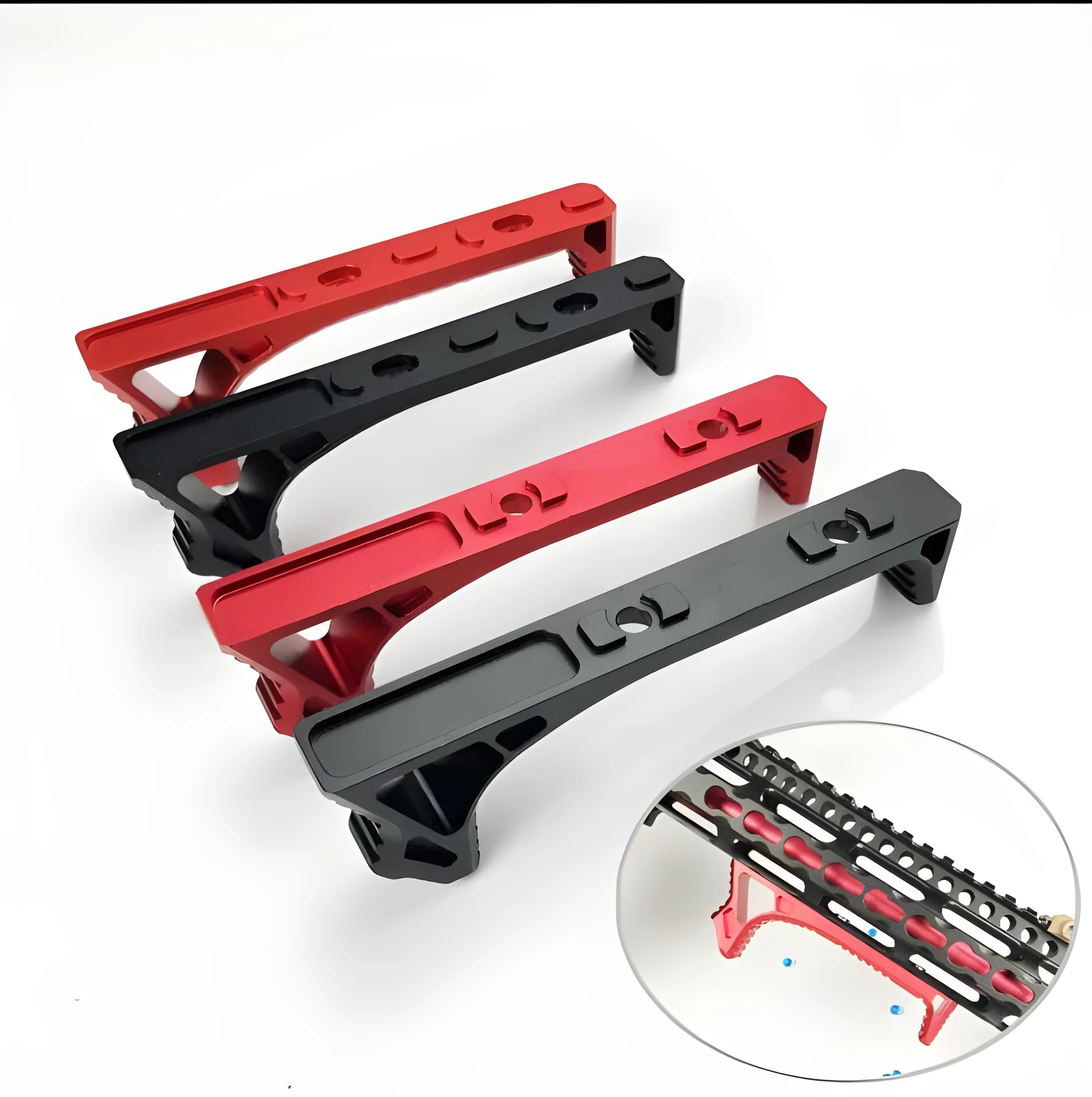 Aluminium hand stop accessory for M-LOK and KEY-MOD firearm handguards in black and red finishes