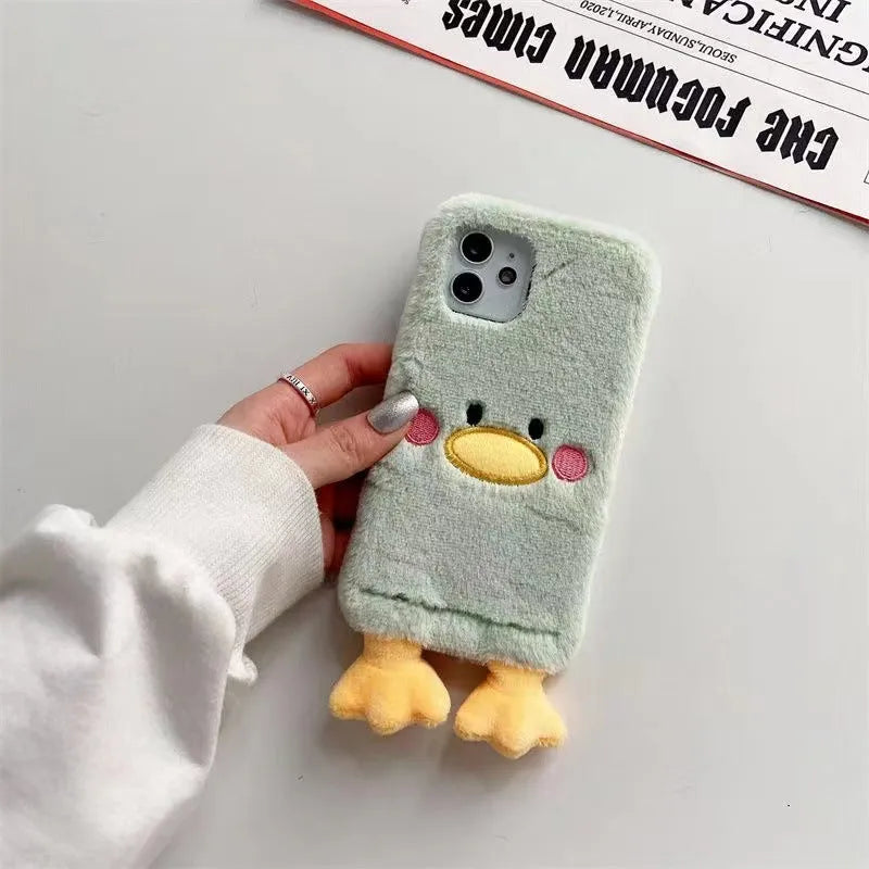 Plush duck TPU phone case for Apple iPhone 15 Pro with fall protection, back cover style, winter design