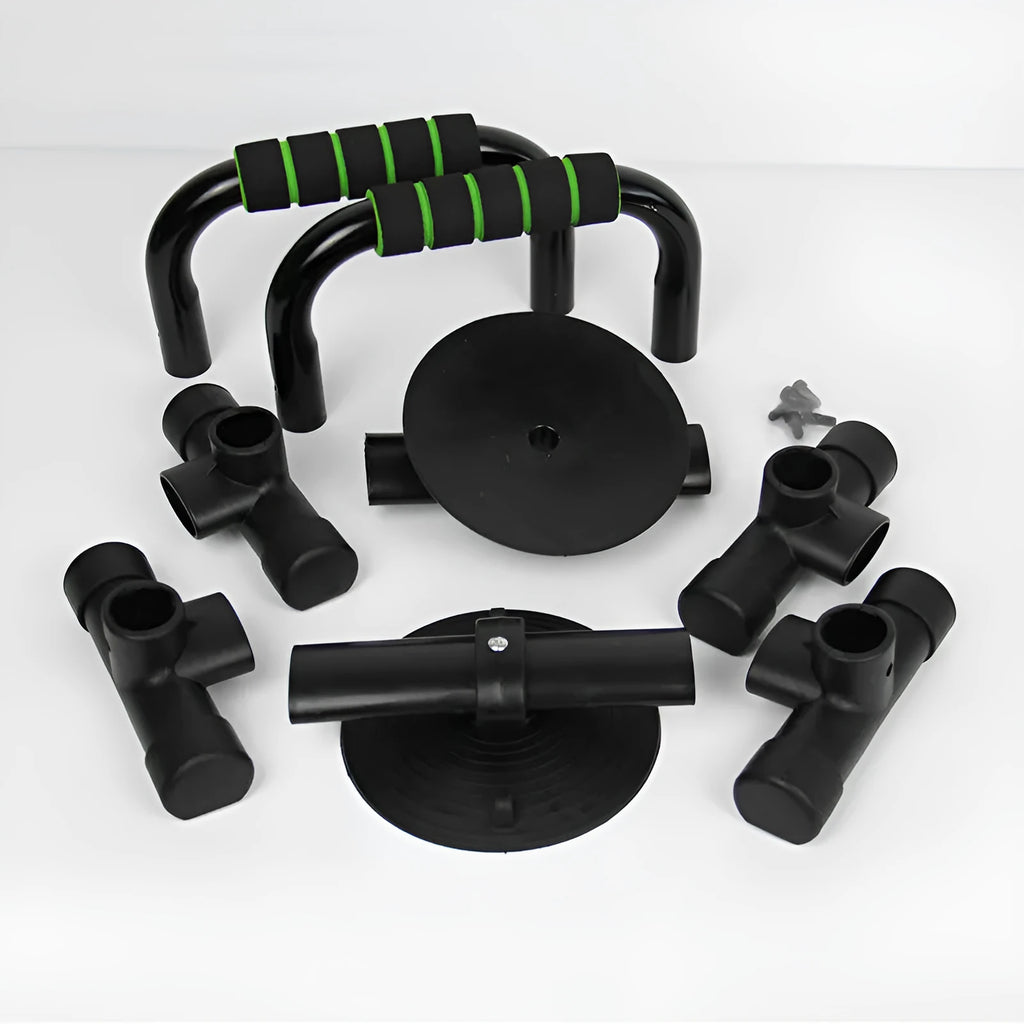 Green suction cup push up stand with electroplated steel frame and foam handles on a smooth floor