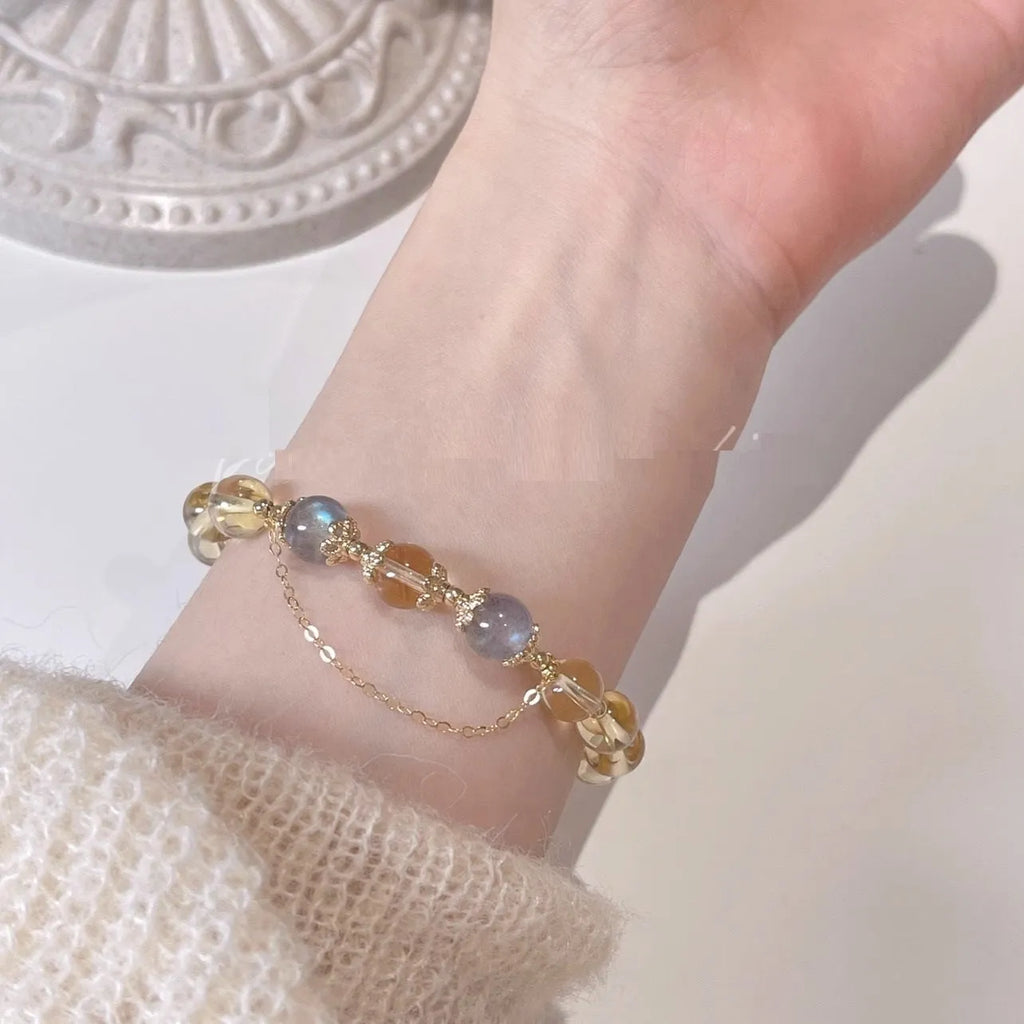 Women's crystal bracelet with moonstone, citrine stones and electroplated 14K gold gilding in diamond Chinese style