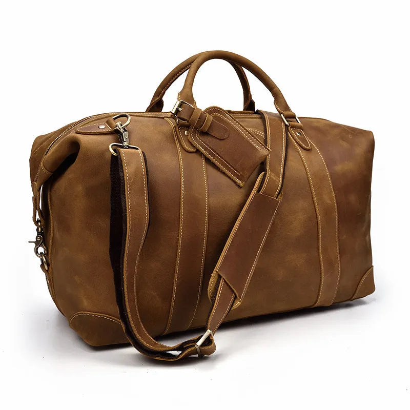 Genuine cowhide leather large capacity luggage bag in light brown with zipper closure and top handles