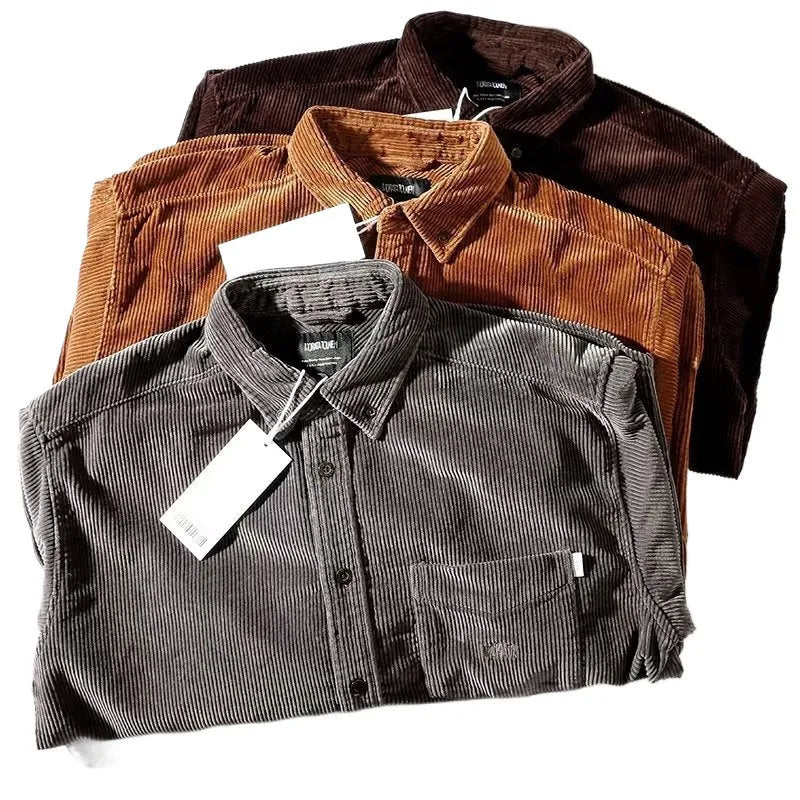 Man wearing a loose caramel corduroy long sleeve cardigan-style shirt