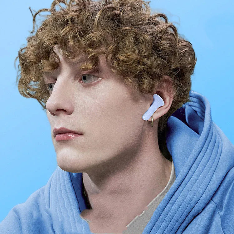 Mini wireless Bluetooth headset with LED digital display, shown in one of five colour options with charging case and earplugs