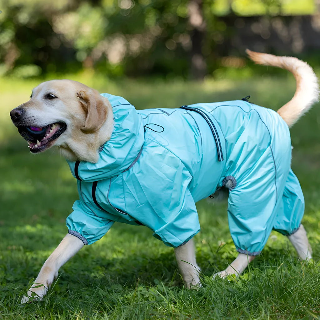 Red cotton-padded dog winter shell jacket on a mannequin, showing sizing for chest and body length.