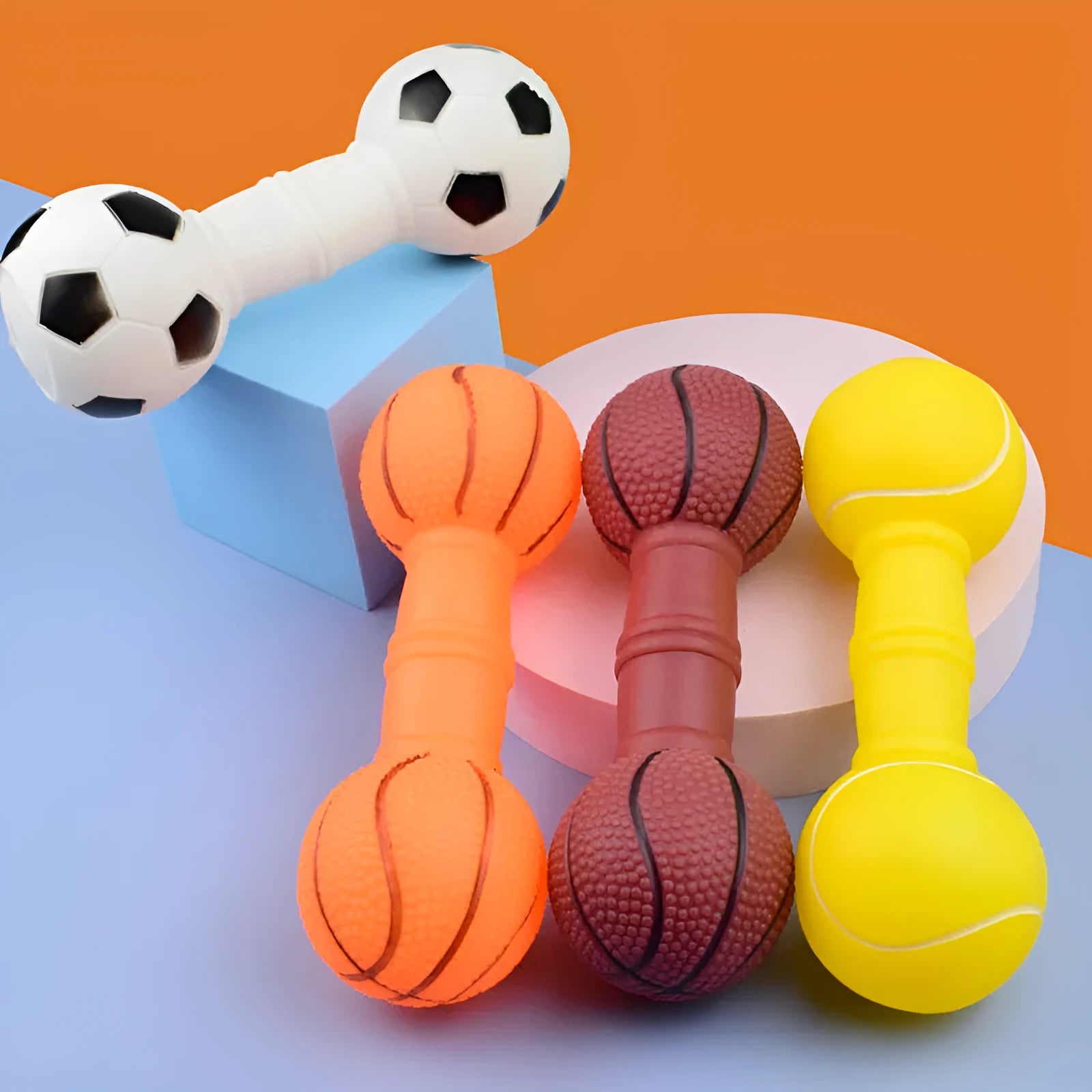 Brown, orange, white, and yellow PVC football dumbbell shaped dog chew toy with squeaker.