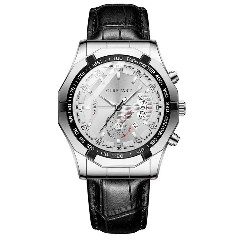 Non-mechanical calendar business watch with silver case and black surface, 45mm dial, imitation leather strap
