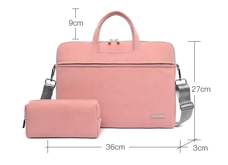 PU leather laptop bag in Black on a table, with zipper closure and removable shoulder strap
