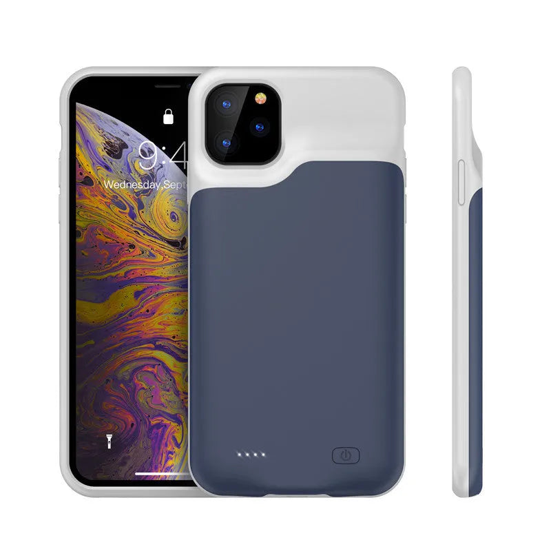 Shockproof soft silicone iPhone battery charger case in blue with high-capacity polymer battery for iPhone 14 Pro Max.