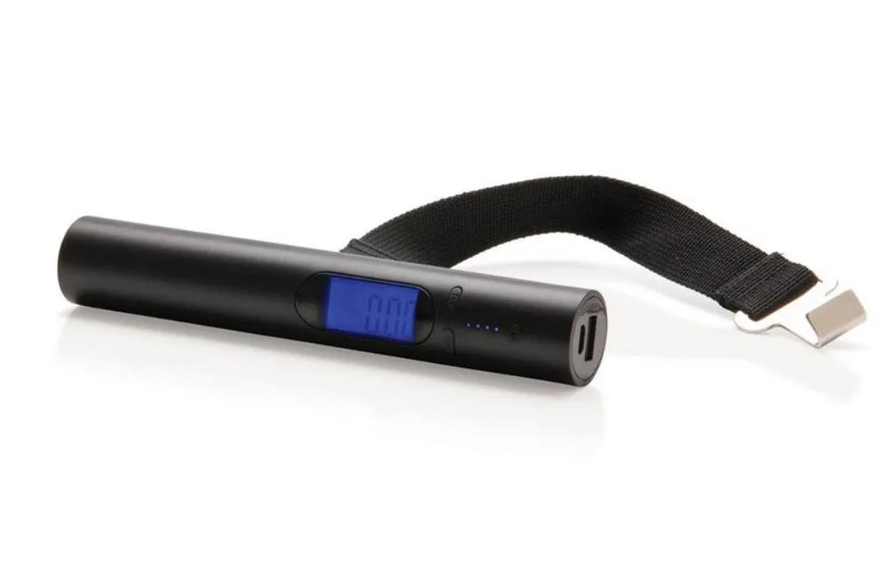 Black USB mobile power luggage scale with ABS body and blue backlit LCD display