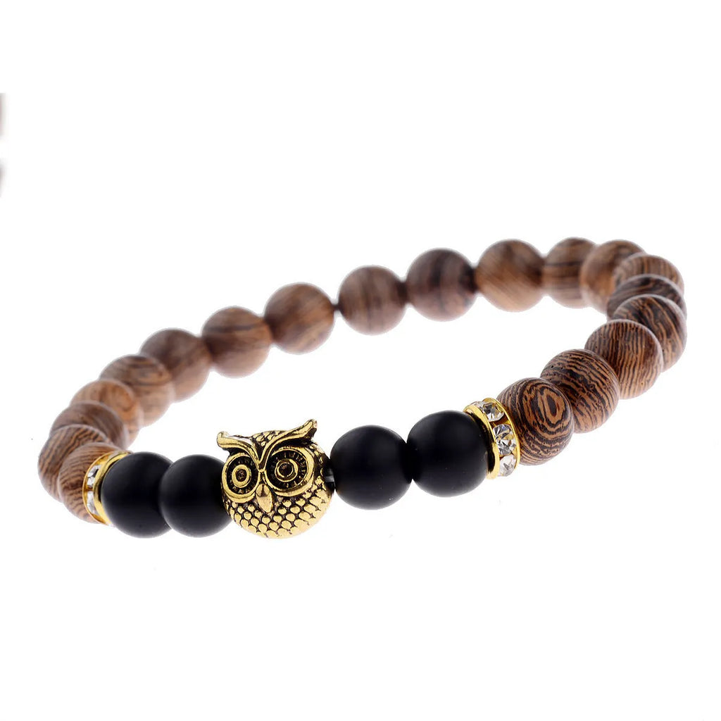 Owl frosted stone lifeline wood grain bracelet in black with wood beads and alloy clasp