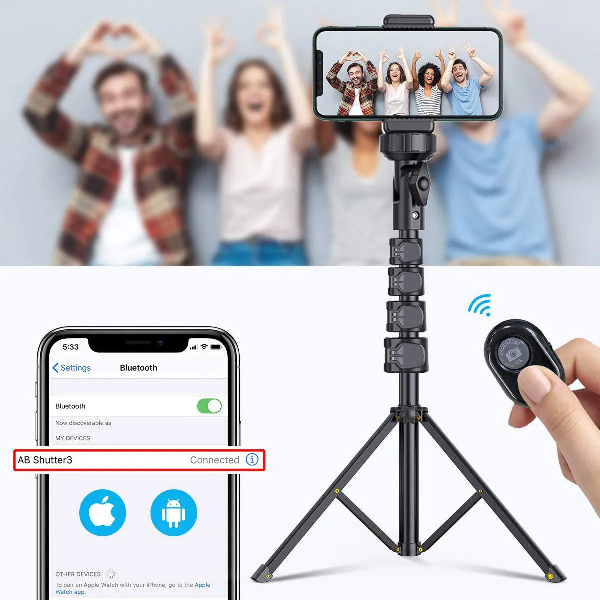 Black selfie stick tripod compatible with iPhone, aluminium alloy, five sections, 45cm shrink height
