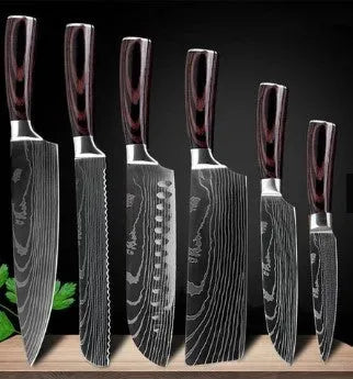 7Cr17 stainless steel kitchen knife with Damascus pattern blade and coloured wood handle on a cutting board.