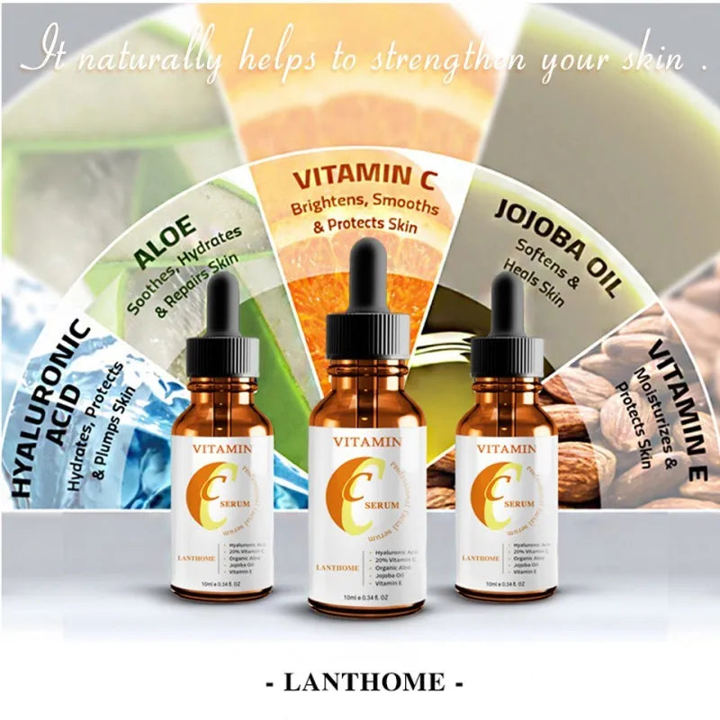 10ml bottle of Vitamin C and Hyaluronic Acid facial serum for anti-aging and brightening.