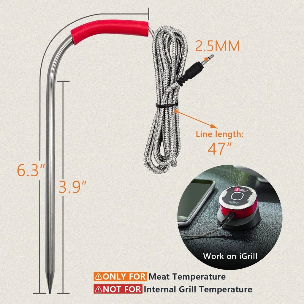 Silver portable home oven meat temperature probe on a kitchen surface for accurate cooking