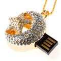 Silver metal Jewelry Xingyue USB flash drive with retractable connector on a plain background.