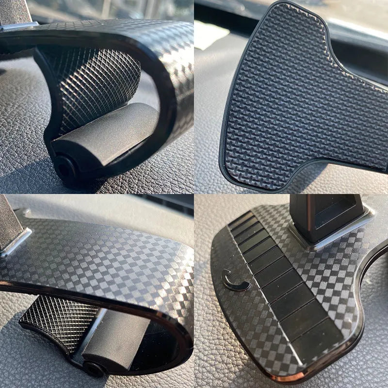 Black car phone holder with adjustable arms and a 360-degree rotating head mounted on a car air vent.