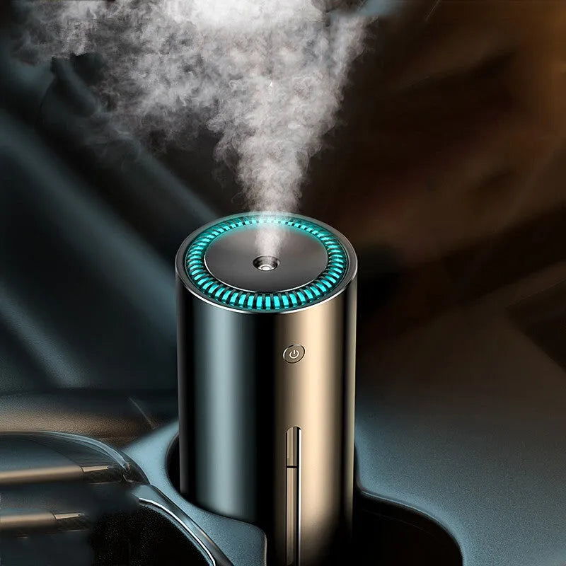 Black aluminium alloy car humidifier and air purifier with USB cable on a car dashboard.